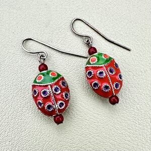 Whimsical Ladybug Enamel Earrings Dangle Vintage Cottagecore Critter Bug Red